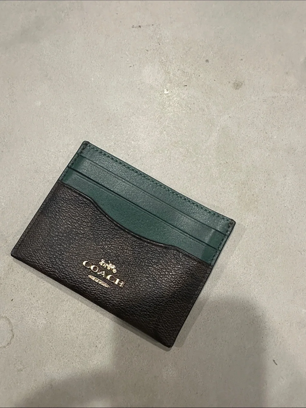 Coach Two-Tone Leather Card Holder in Brown and Green